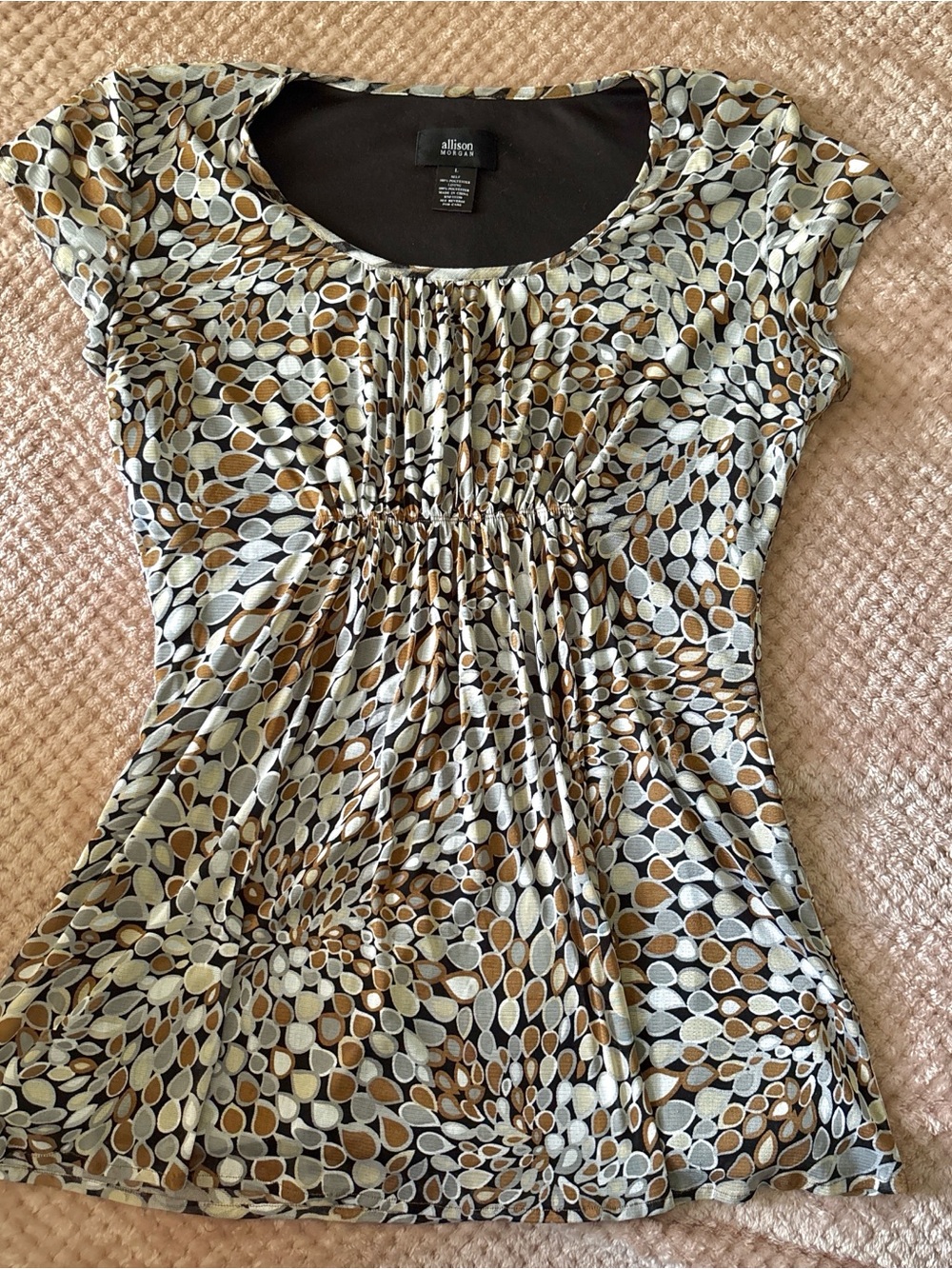 Allison Morgan Brown & Black Leaf-Print Ruched Waist Cap-Sleeve Top